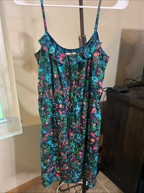 hinge Teal Floral Mini Dress with Pink & Blue Accents